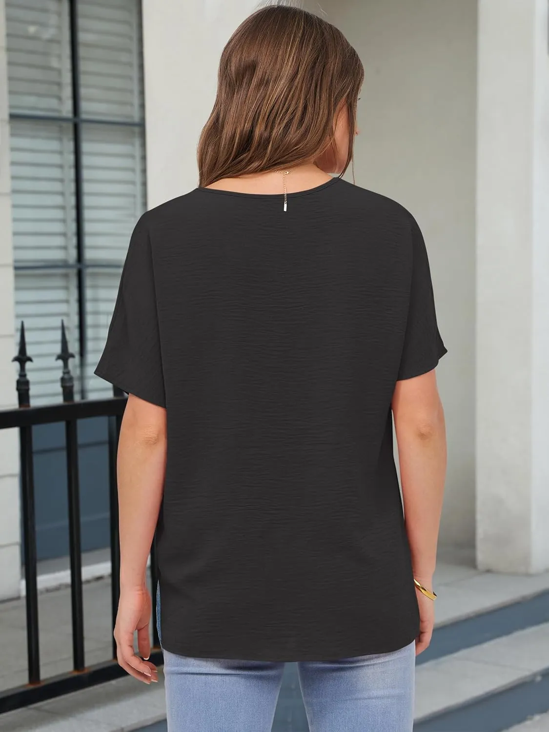 ANRABESS Women's Oversized T Shirts Summer Tops Short Sleeve V Neck Casual Loose Fit Textured Blouses 2025 Trendy Tee Shirt