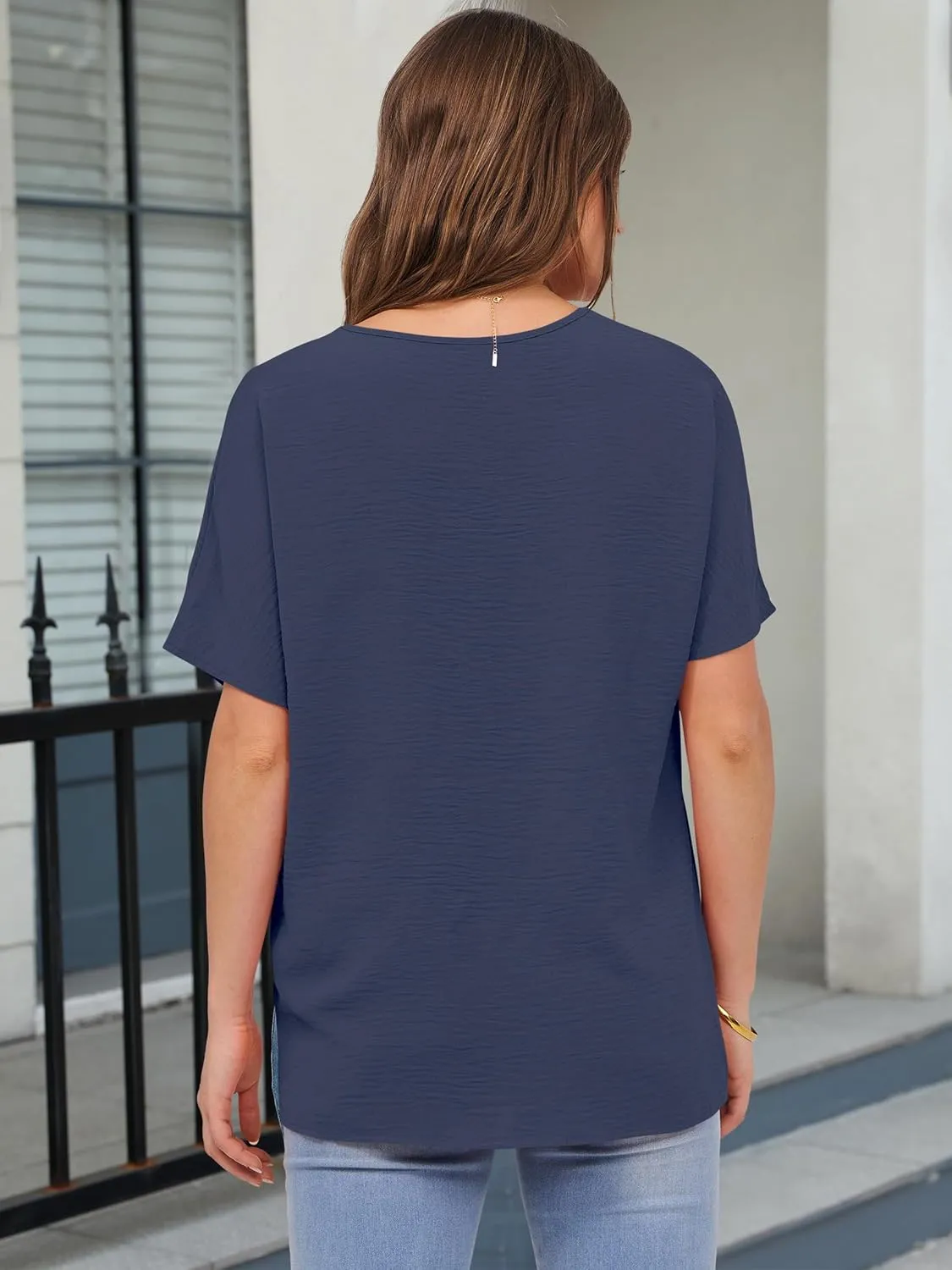 ANRABESS Women's Oversized T Shirts Summer Tops Short Sleeve V Neck Casual Loose Fit Textured Blouses 2025 Trendy Tee Shirt