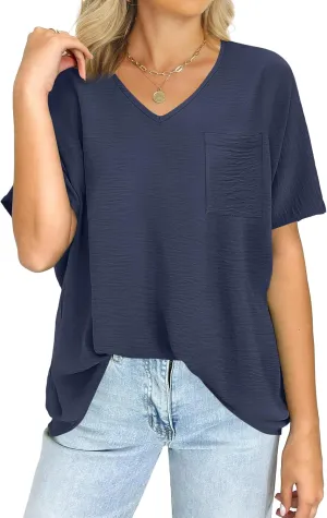 ANRABESS Women's Oversized T Shirts Summer Tops Short Sleeve V Neck Casual Loose Fit Textured Blouses 2025 Trendy Tee Shirt