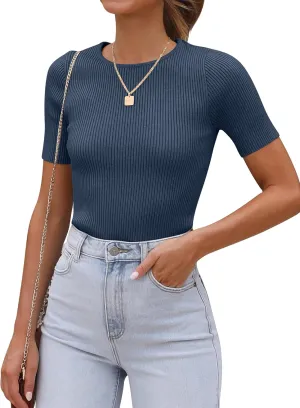 ANRABESS Womens Short Sleeve Crewneck T Shirt Ribbed Knit Sweater Shirts Slim Fit Basic Casual Spring Summer Sweater Tee Tops