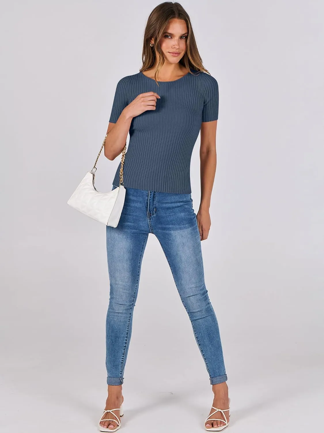 ANRABESS Womens Short Sleeve Crewneck T Shirt Ribbed Knit Sweater Shirts Slim Fit Basic Casual Spring Summer Sweater Tee Tops