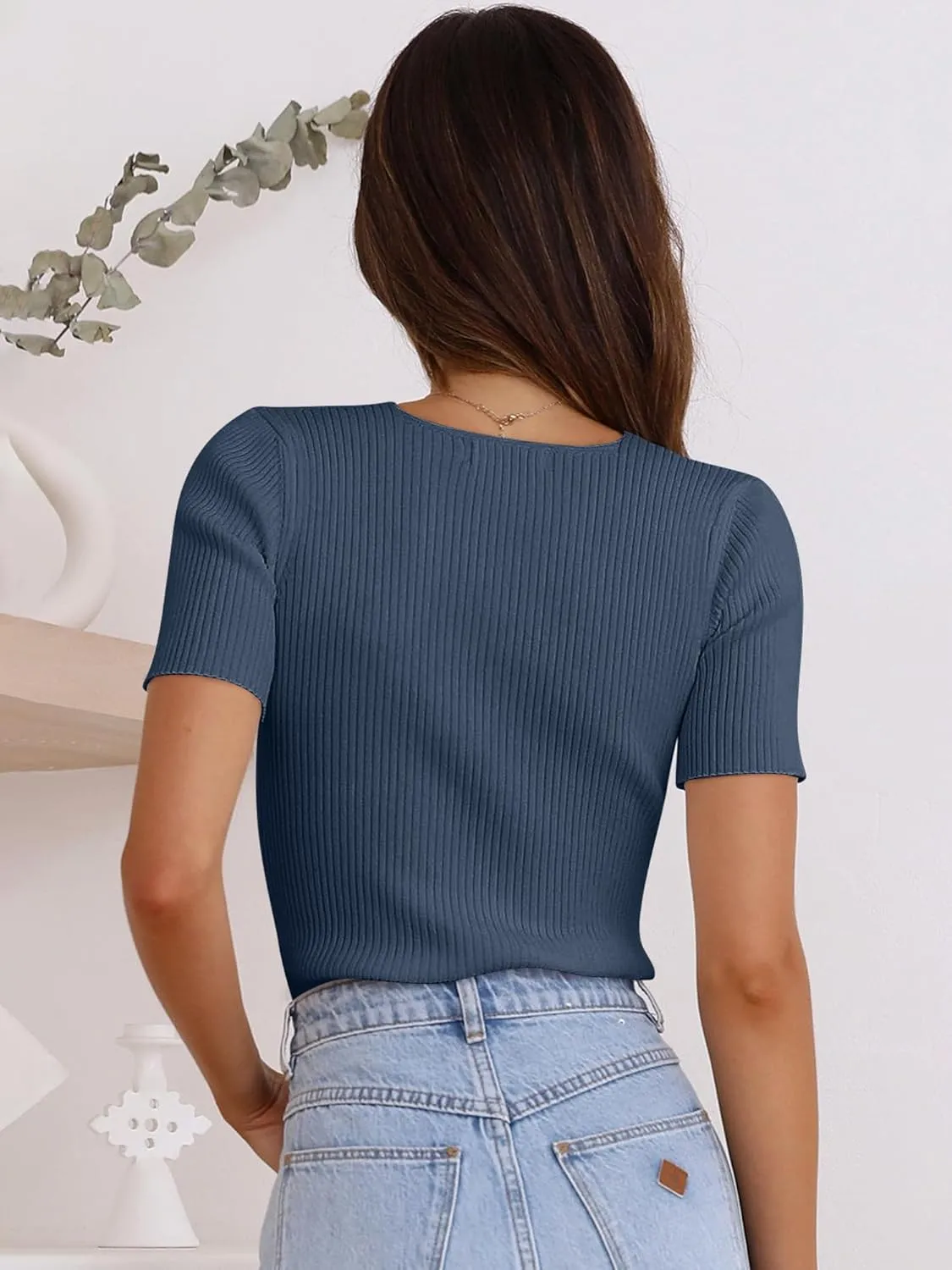 ANRABESS Womens Short Sleeve Crewneck T Shirt Ribbed Knit Sweater Shirts Slim Fit Basic Casual Spring Summer Sweater Tee Tops