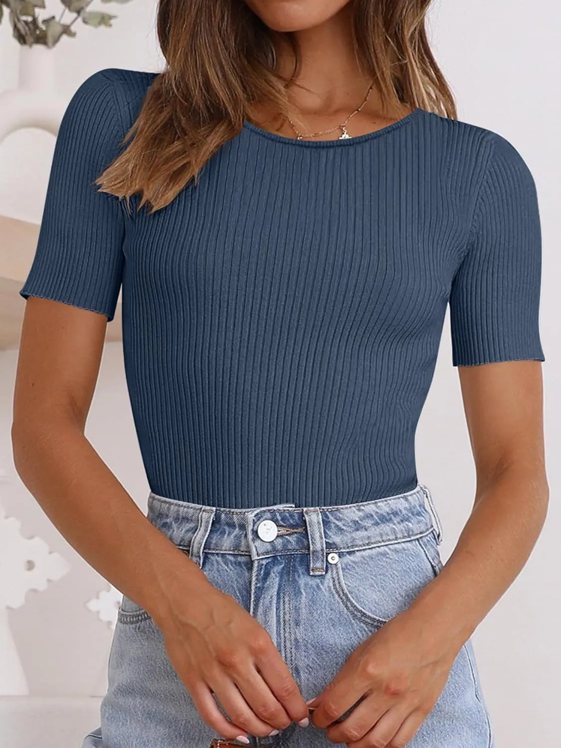 ANRABESS Womens Short Sleeve Crewneck T Shirt Ribbed Knit Sweater Shirts Slim Fit Basic Casual Spring Summer Sweater Tee Tops