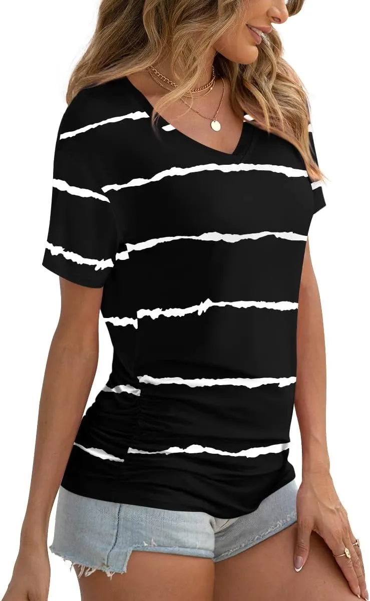 Anydoll Womens Ruched Tops 2025 Spring Summer Tunics Short Sleeve V Neck T Shirts Casual Dressy Tee with Side Shirring 