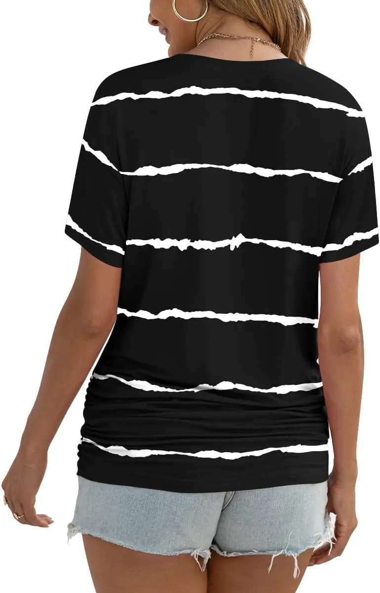 Anydoll Womens Ruched Tops 2025 Spring Summer Tunics Short Sleeve V Neck T Shirts Casual Dressy Tee with Side Shirring 