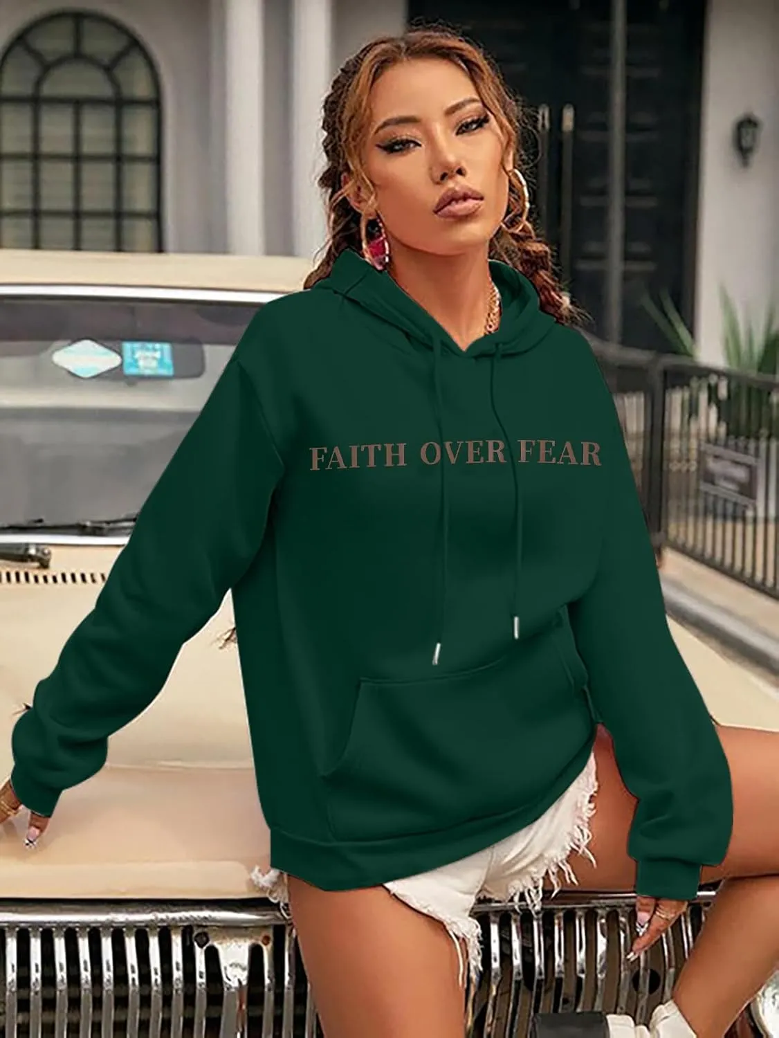 BANGELY Faith Over Fear Hoodie Women Christian Sweatshirt Graphic Christian Religious Sayings Sweater Bible Pullover Tops