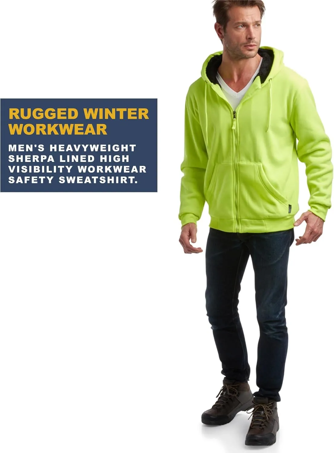 Bass Creek Outfitters Men's High Visibility Sweatshirt - Heavyweight Sherpa Lined Water Resistant Workwear Hoodie (M-XXL)