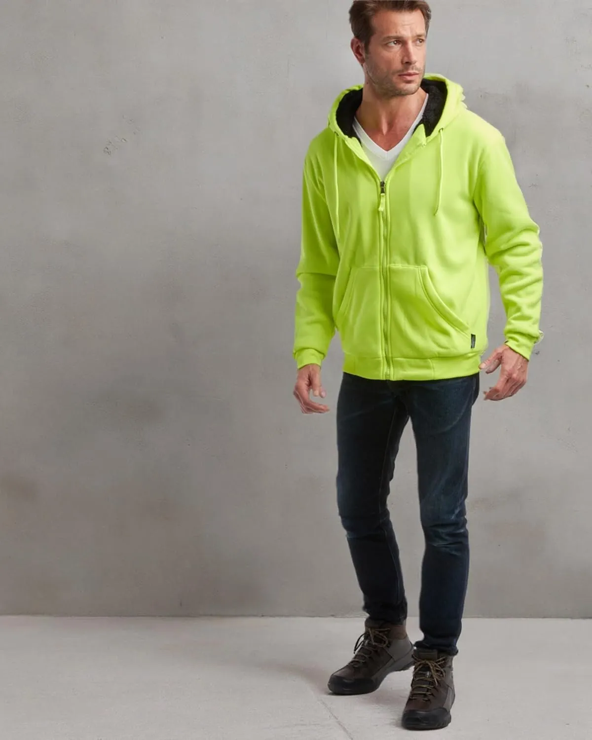 Bass Creek Outfitters Men's High Visibility Sweatshirt - Heavyweight Sherpa Lined Water Resistant Workwear Hoodie (M-XXL)