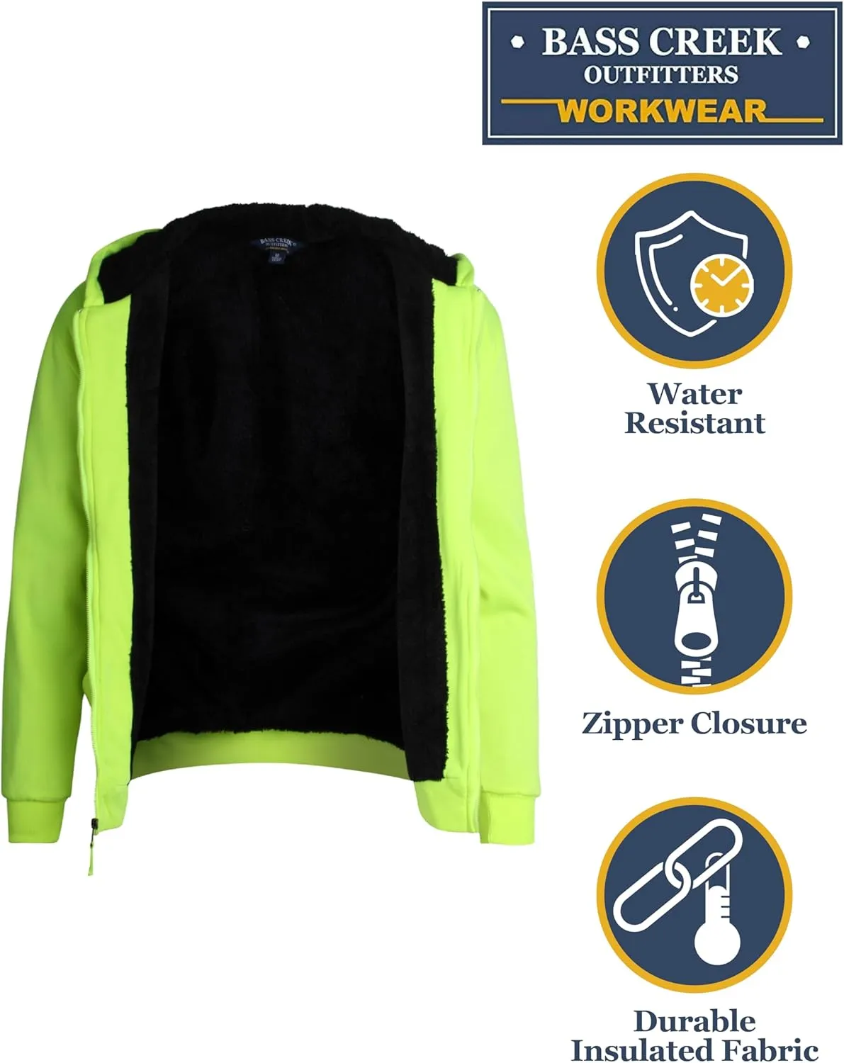Bass Creek Outfitters Men's High Visibility Sweatshirt - Heavyweight Sherpa Lined Water Resistant Workwear Hoodie (M-XXL)