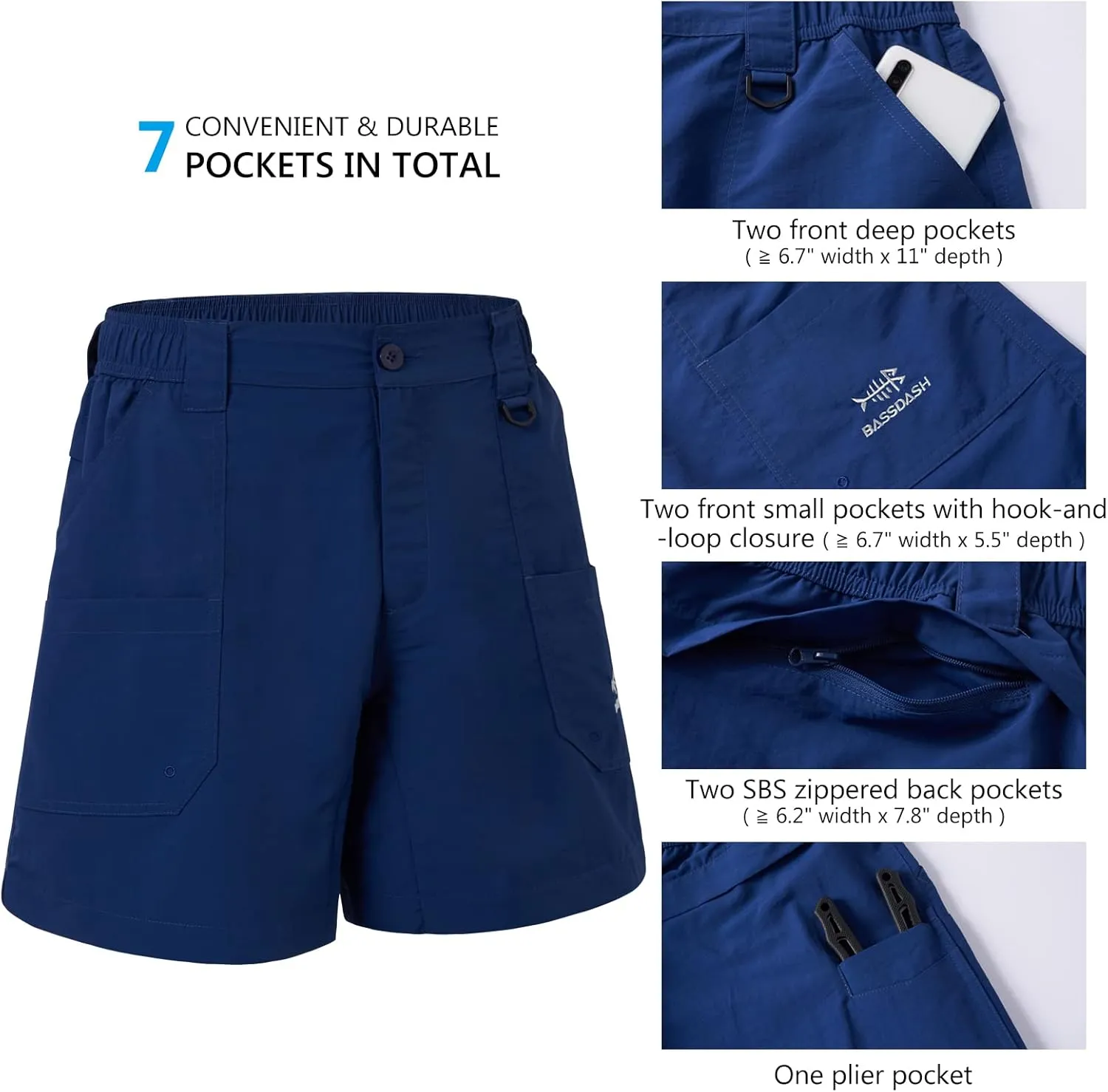 BASSDASH Men's 6" Fishing Shorts UPF 50  Water Resistant Quick Dry Hiking Cargo Shorts with Multi Pocket