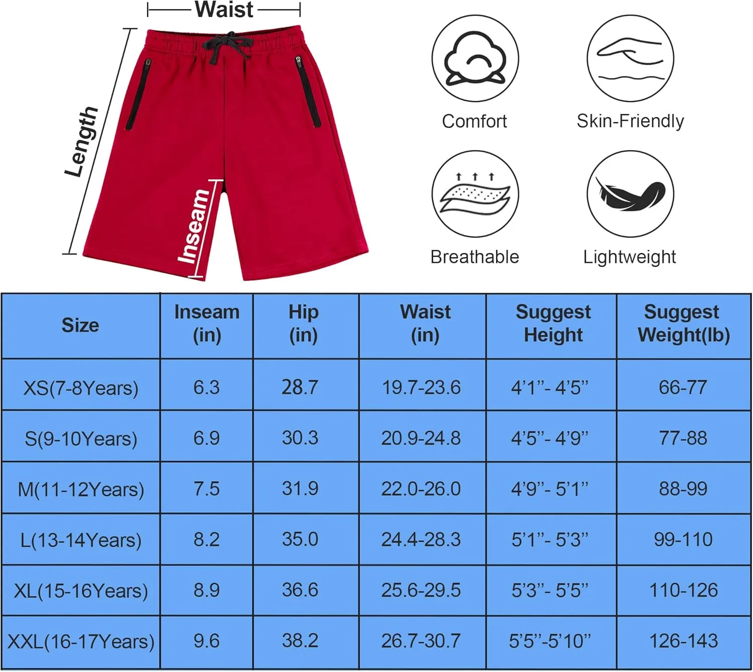 BIG ELEPHANT Kids Casual Shorts with Zipper Pockets and Drawsting, Youth Boys Athletic Shorts for Running Playing