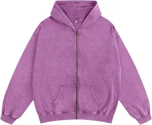 BINTEHGS Basic Oversized Vintage Zip Up Hoodie for Women Baggy Acid Wash Jacket Y2k Retro Grunge Zipper Sweatshirts Loose Fit