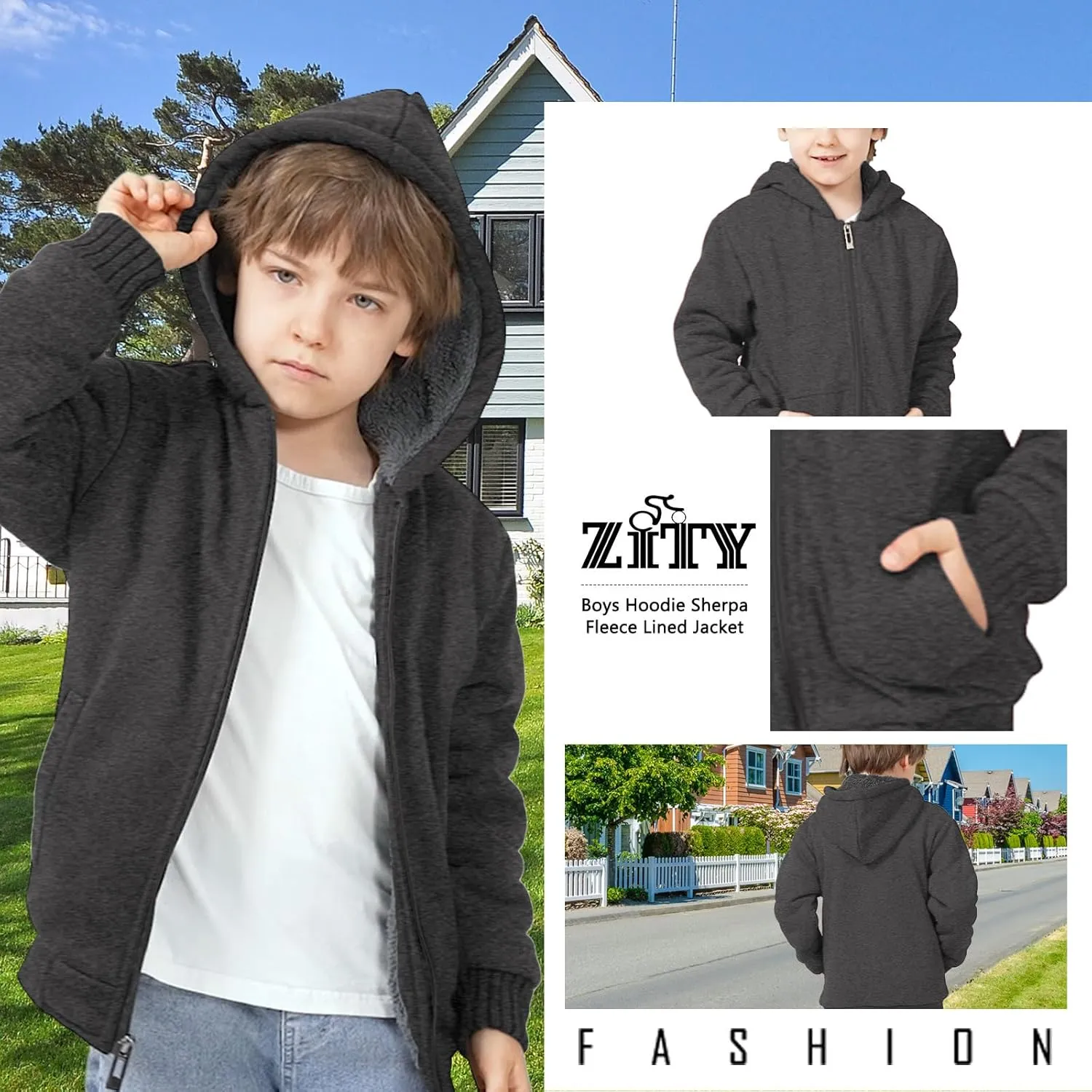 Boys Fleece Jacket Zip Up Hoodie Sherpa Lined Warm Coat Hooded Sweatshirt Outerwear