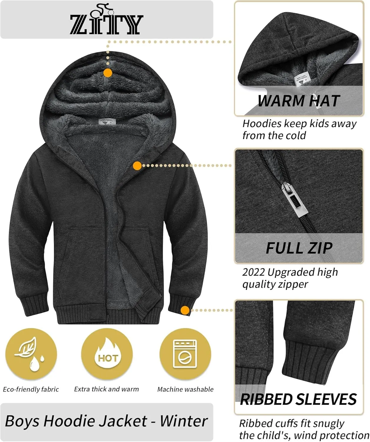 Boys Fleece Jacket Zip Up Hoodie Sherpa Lined Warm Coat Hooded Sweatshirt Outerwear
