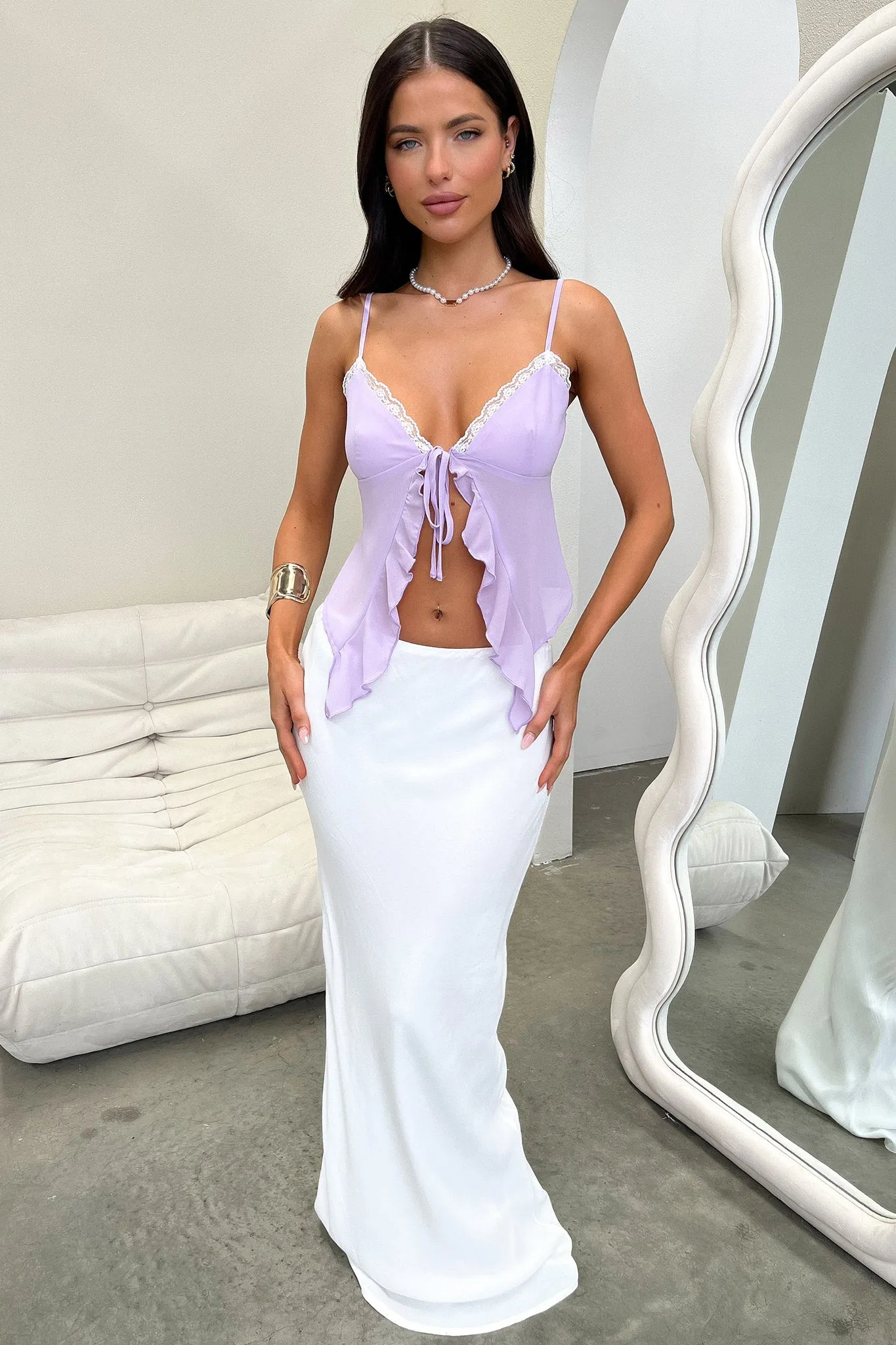 Bridget Lace Trim Tie Front Top - Lilac