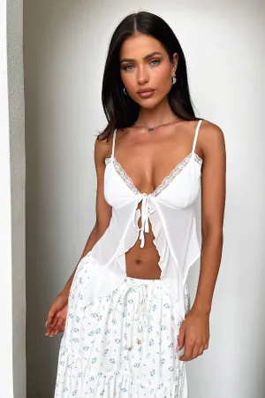 Bridget Lace Trim Tie Front Top - White