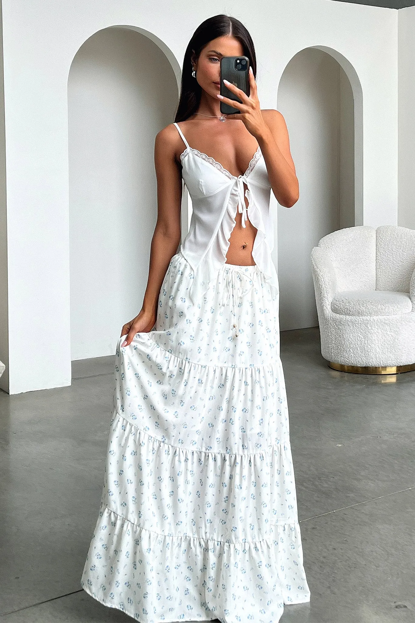 Bridget Lace Trim Tie Front Top - White