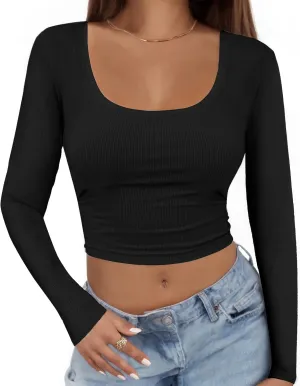 Buauty Women's Long Sleeve Square Neck Crop Tops, Ribbed Knit Slim Fitted Casual Basic Y2K Crop Top Tee Blouse Retro
