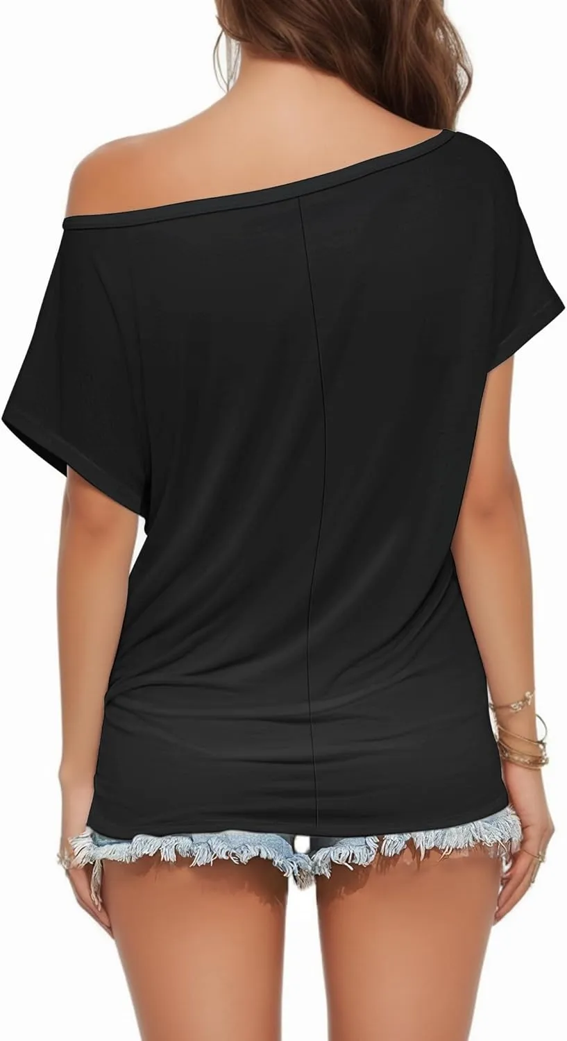 Buauty Womens Summer Off Shoulder Tops Casual Loose Short Sleeve T Shirts One Shoulder Tops Trendy Sexy Cute Tunic Tee