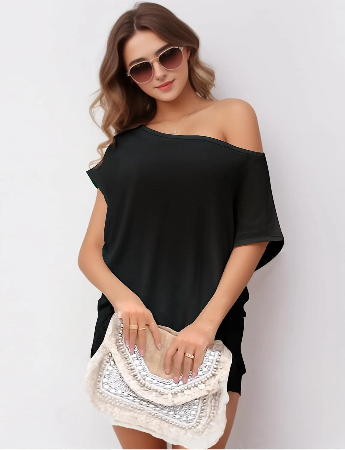 Buauty Womens Summer Off Shoulder Tops Casual Loose Short Sleeve T Shirts One Shoulder Tops Trendy Sexy Cute Tunic Tee