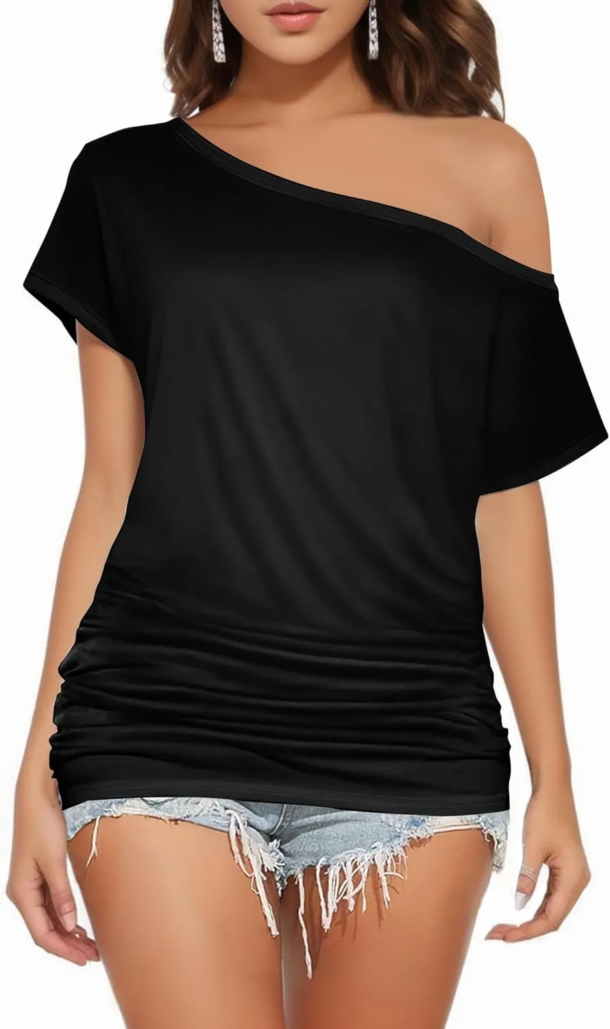 Buauty Womens Summer Off Shoulder Tops Casual Loose Short Sleeve T Shirts One Shoulder Tops Trendy Sexy Cute Tunic Tee