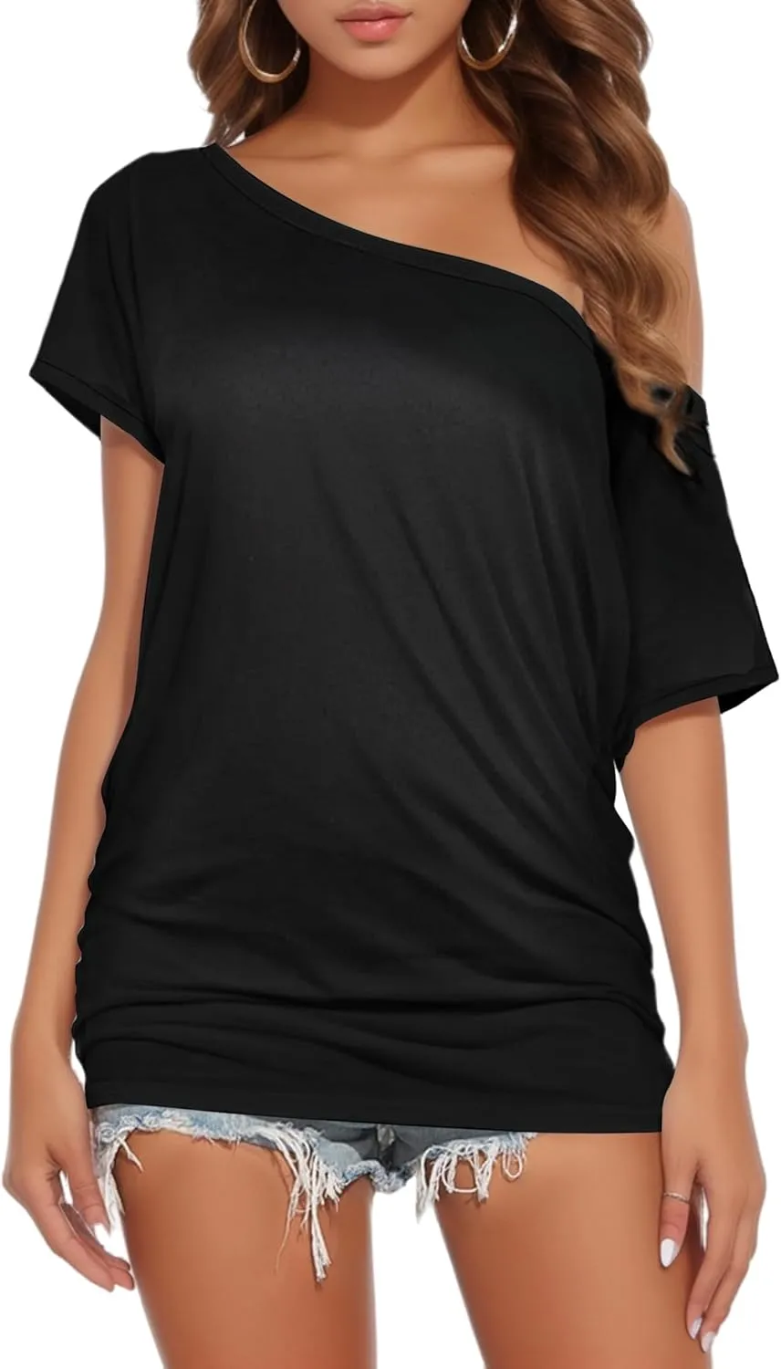 Buauty Womens Summer Off Shoulder Tops Casual Loose Short Sleeve T Shirts One Shoulder Tops Trendy Sexy Cute Tunic Tee