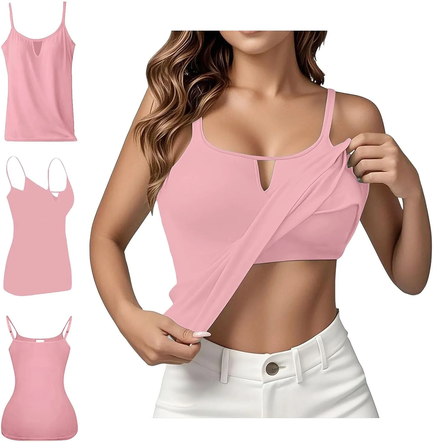 Built in Bra Tank Tops for Women Summer Plus Size Sleeveless Spaghetti Strap Camisole Padded Workout Yoga Cami Tops