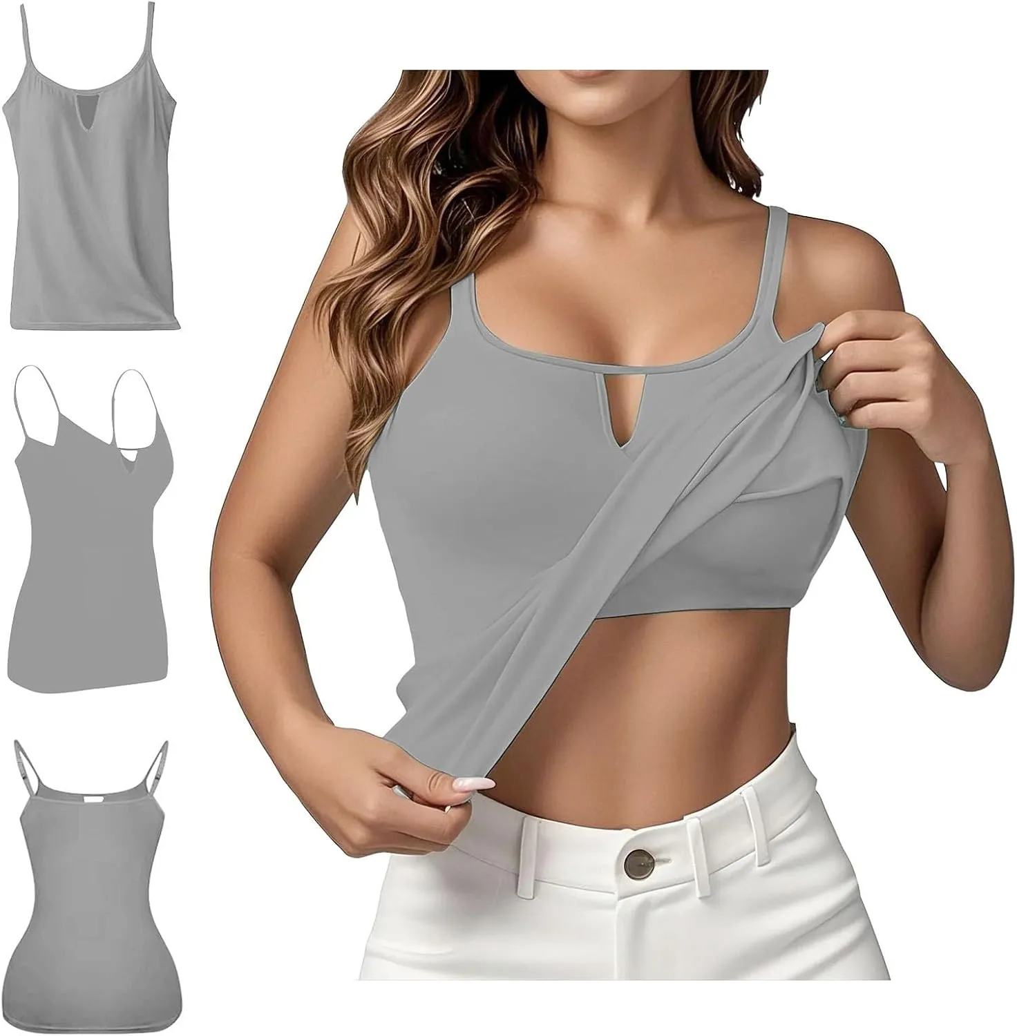 Built in Bra Tank Tops for Women Summer Plus Size Sleeveless Spaghetti Strap Camisole Padded Workout Yoga Cami Tops