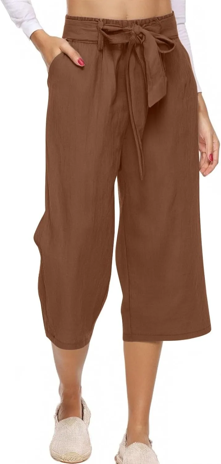 Capri Pants for Women Casual Straight Wide Leg Cropped Trousers Drawstring Elastic High Waist Linen Summer Pant