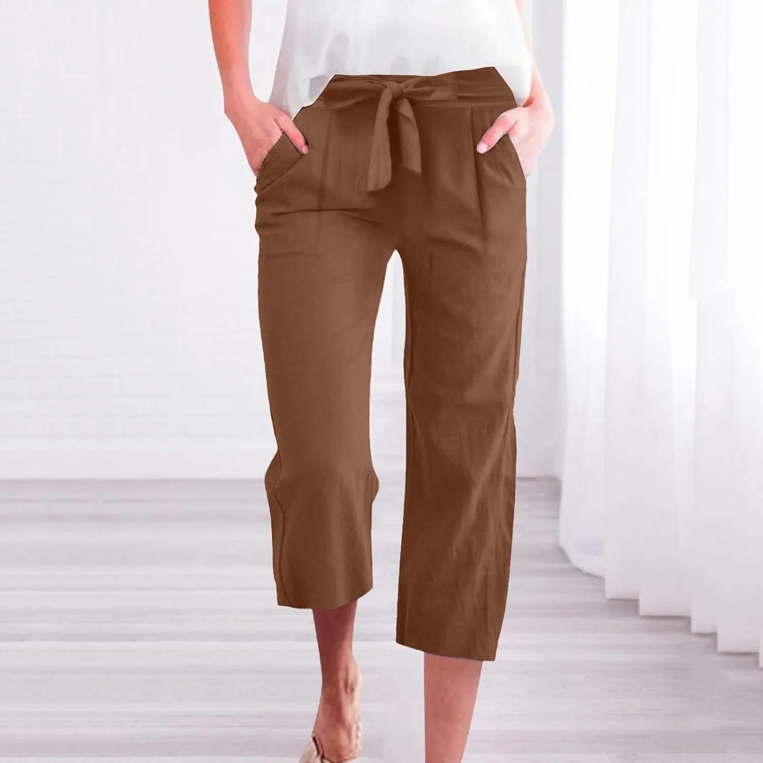 Capri Pants for Women Casual Straight Wide Leg Cropped Trousers Drawstring Elastic High Waist Linen Summer Pant