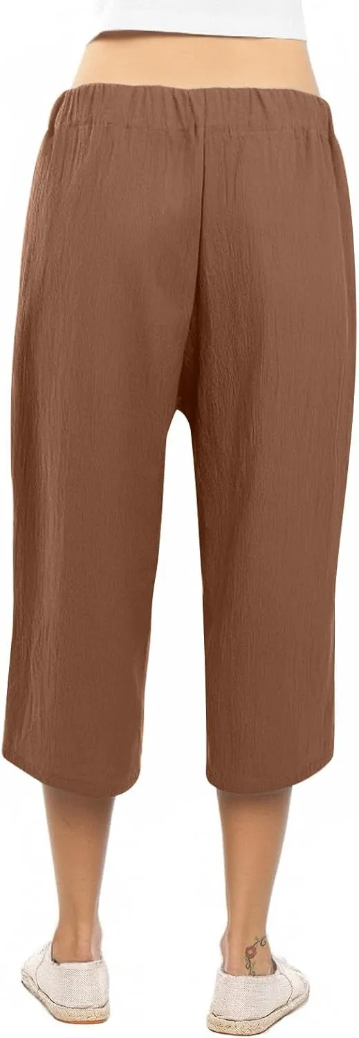 Capri Pants for Women Casual Straight Wide Leg Cropped Trousers Drawstring Elastic High Waist Linen Summer Pant