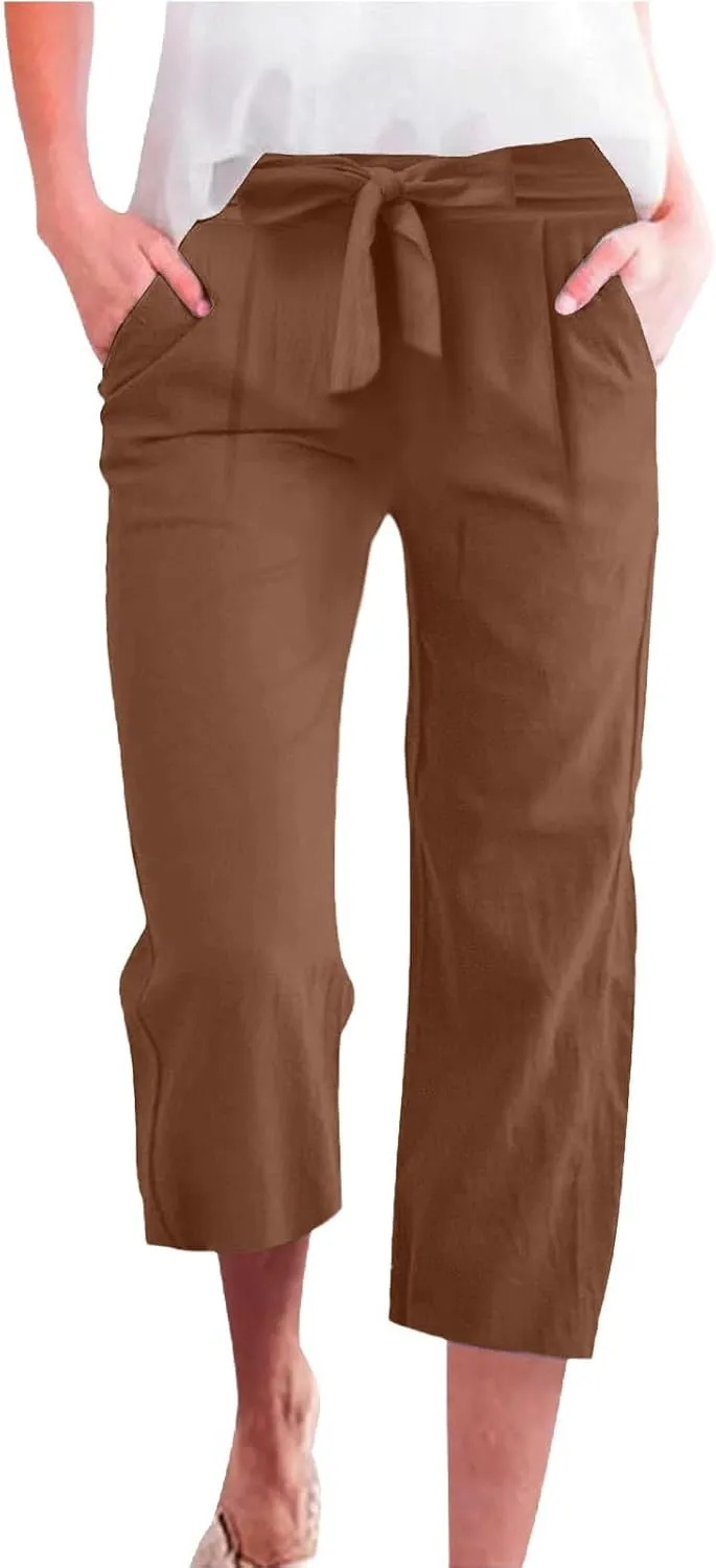 Capri Pants for Women Casual Straight Wide Leg Cropped Trousers Drawstring Elastic High Waist Linen Summer Pant