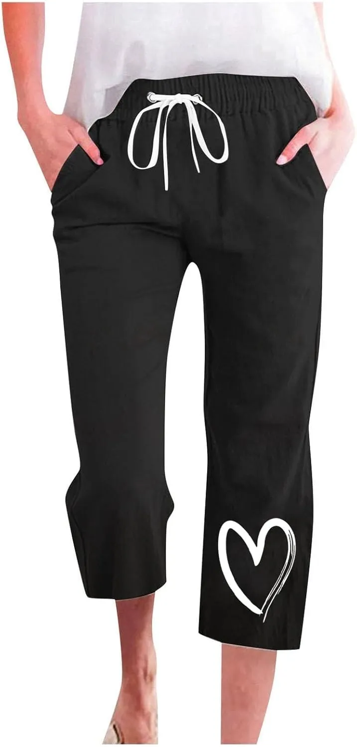 Capri Pants for Women Casual Summer Linen Heart Print Capris Drawstring Elastic Waist Cropped Trouser with Pockets