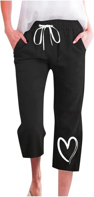 Capri Pants for Women Casual Summer Linen Heart Print Capris Drawstring Elastic Waist Cropped Trouser with Pockets