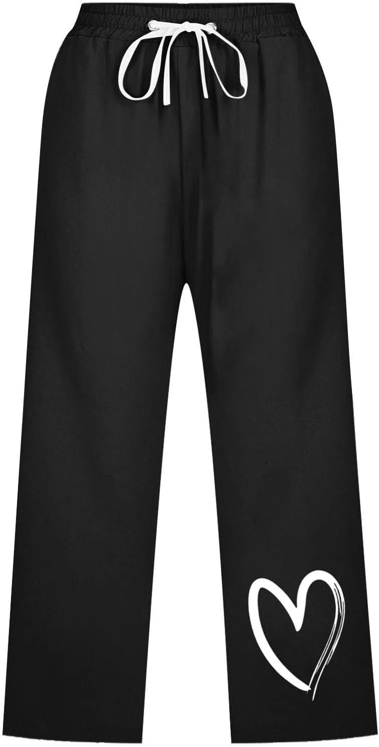 Capri Pants for Women Casual Summer Linen Heart Print Capris Drawstring Elastic Waist Cropped Trouser with Pockets