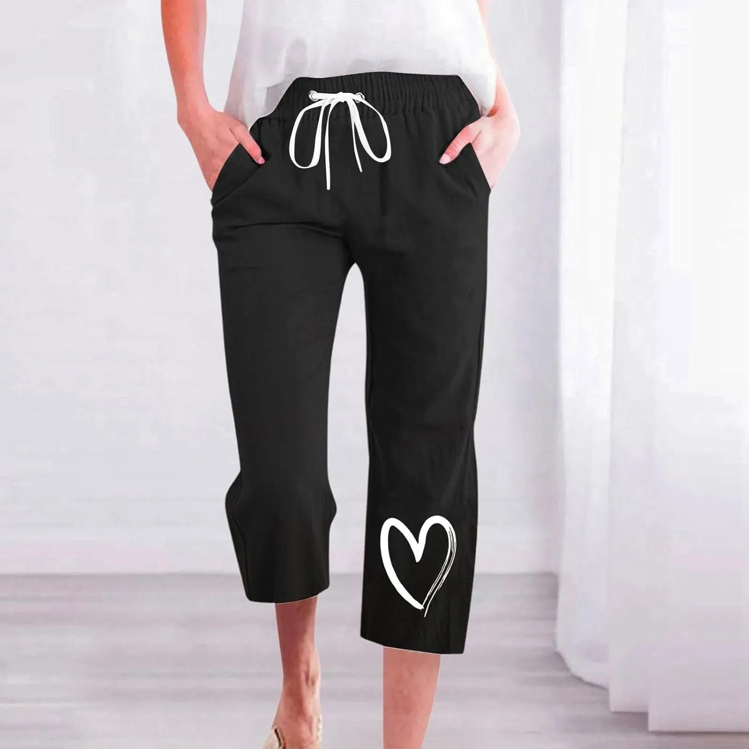 Capri Pants for Women Casual Summer Linen Heart Print Capris Drawstring Elastic Waist Cropped Trouser with Pockets