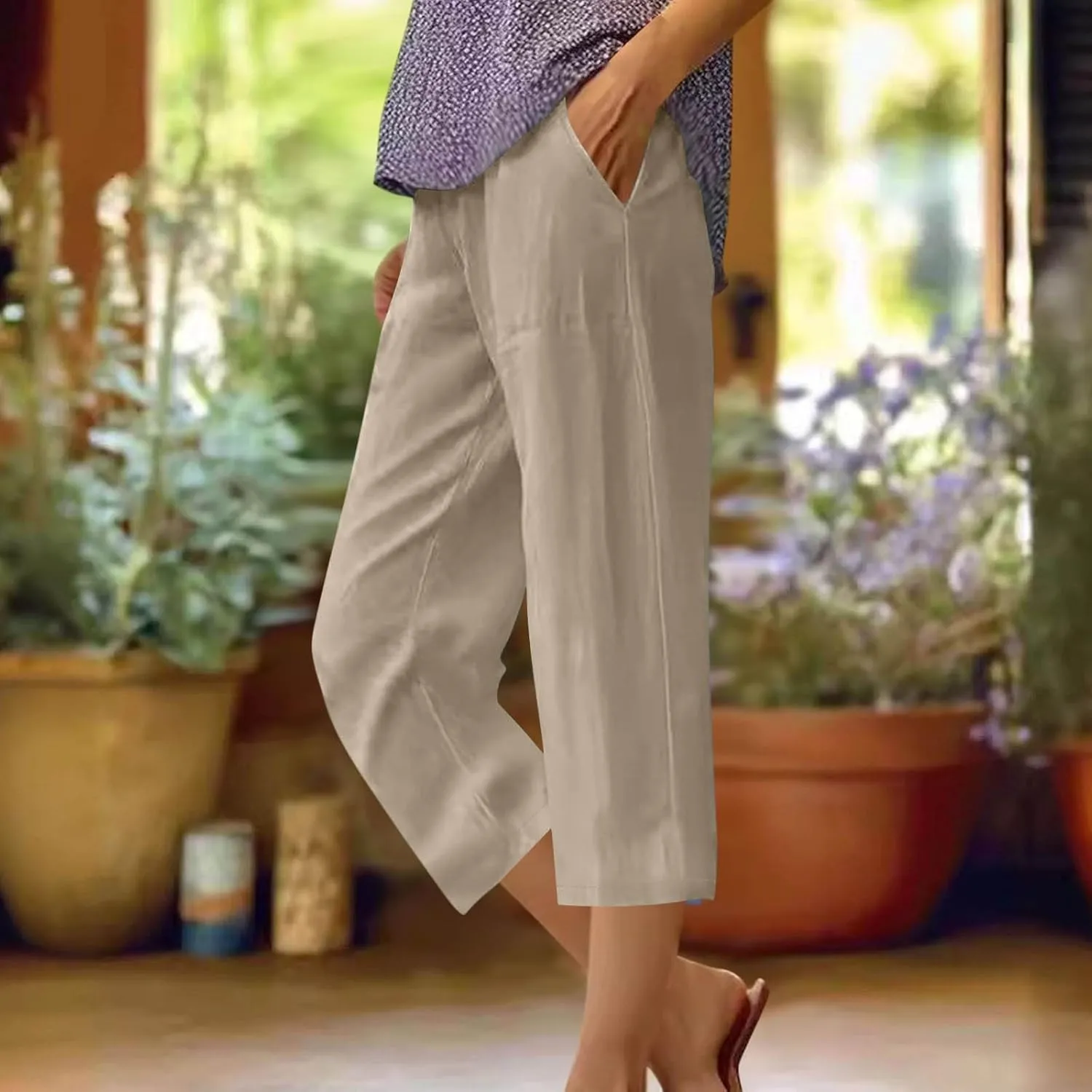 Capri Pants for Women Plus Size Trendy Elastic Waist Wide Leg Linen Pants Summer Beach Lighweight Cropped Trousers