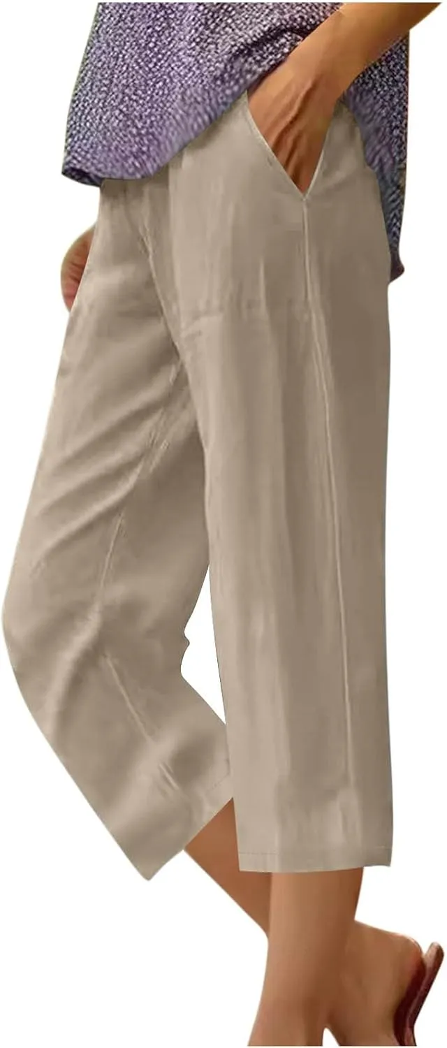 Capri Pants for Women Plus Size Trendy Elastic Waist Wide Leg Linen Pants Summer Beach Lighweight Cropped Trousers