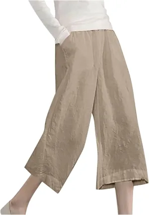 Capri Pants for Women Plus Size Trendy Elastic Waist Wide Leg Linen Pants Summer Beach Lighweight Cropped Trousers