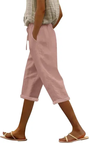 Capri Pants for Women Summer Cotton Linen Pants Casual Drawstring Elastic High Waist Cropped Trouser with Pockets