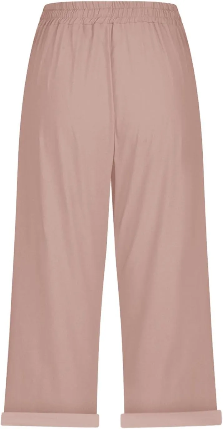Capri Pants for Women Summer Cotton Linen Pants Casual Drawstring Elastic High Waist Cropped Trouser with Pockets