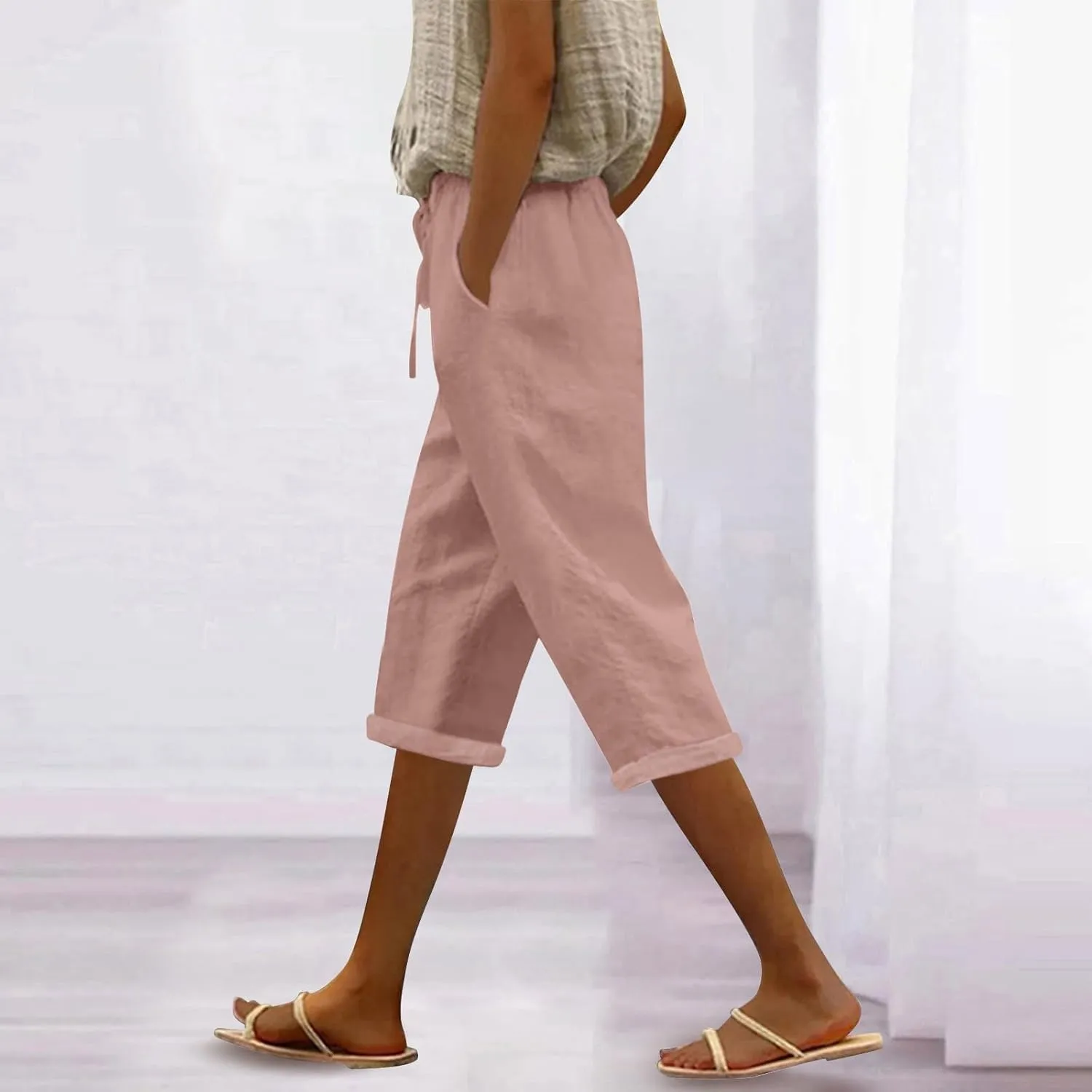 Capri Pants for Women Summer Cotton Linen Pants Casual Drawstring Elastic High Waist Cropped Trouser with Pockets