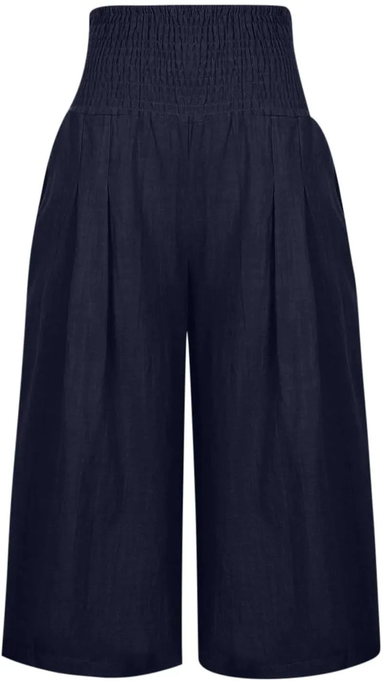 Capris for Women Cotton Linen Casual Summer 2025 Straight Wide Leg Cropped Pants Drawstring Elastic Waist Pants