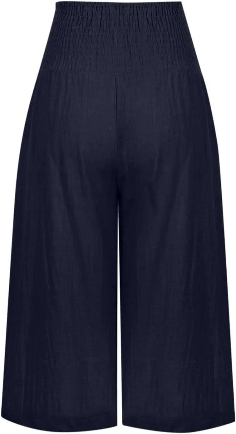 Capris for Women Cotton Linen Casual Summer 2025 Straight Wide Leg Cropped Pants Drawstring Elastic Waist Pants