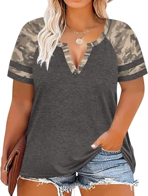 CARCOS Plus Size Tops for Women Short Sleeve Summer Pullover Color Block Crewneck/V Neck Tee Tunic Loose Fit Tshirts XL-5XL