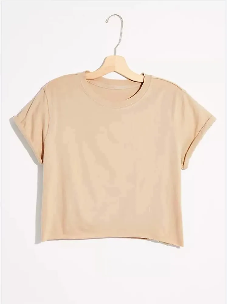 Carpetcom Women's Summer Casual Loose Fit Plain Soild Basic Short Sleeve Crop Tops T-Shirts