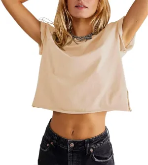 Carpetcom Women's Summer Casual Loose Fit Plain Soild Basic Short Sleeve Crop Tops T-Shirts
