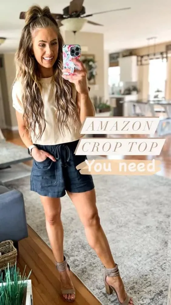 Carpetcom Women's Summer Casual Loose Fit Plain Soild Basic Short Sleeve Crop Tops T-Shirts