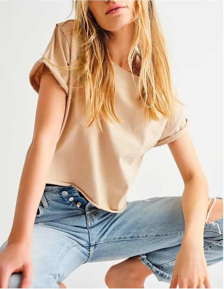 Carpetcom Women's Summer Casual Loose Fit Plain Soild Basic Short Sleeve Crop Tops T-Shirts
