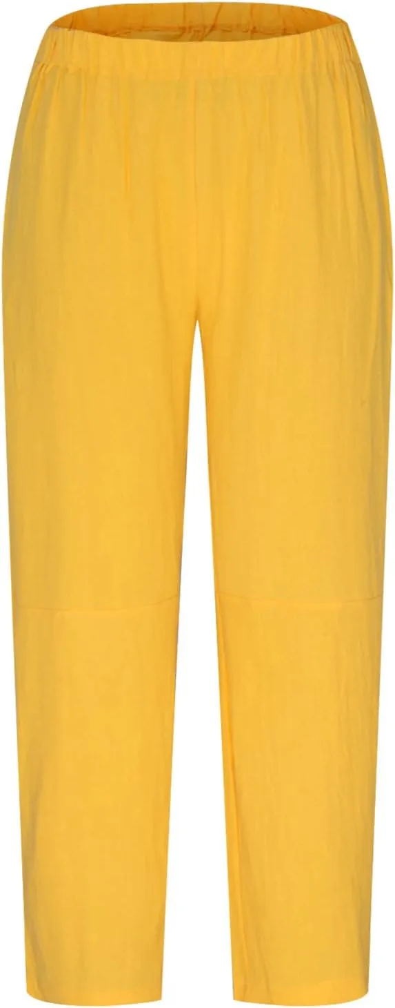 Casual High Waist Pants for Women, Cotton Linen Elastic Waist Palazzo Trousers Flowy Loose Wide Leg Slacks Plus Size